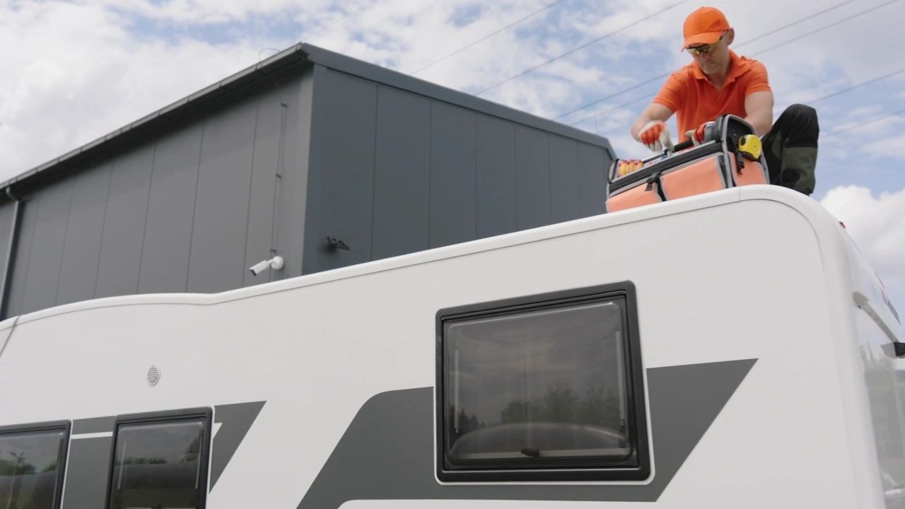 Professional RV technician working on RV exterior